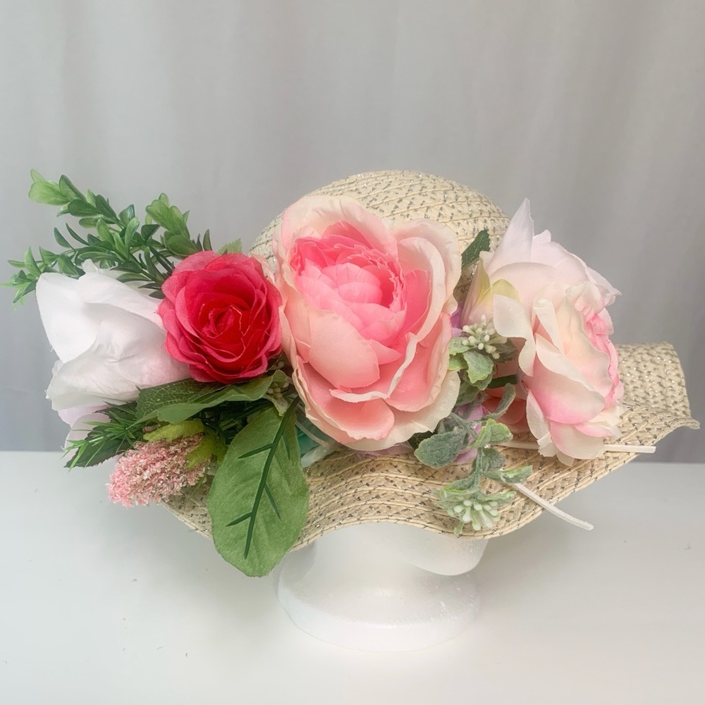 NEW custom designed child sun hat pink roses & flowers Beach Derby Steeplechase